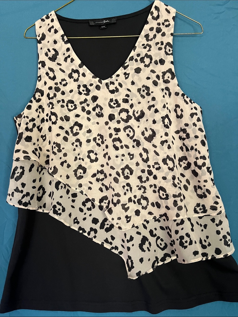 Sloane & Sadie Black Tank with White and Black Leopard Chiffon Overlay